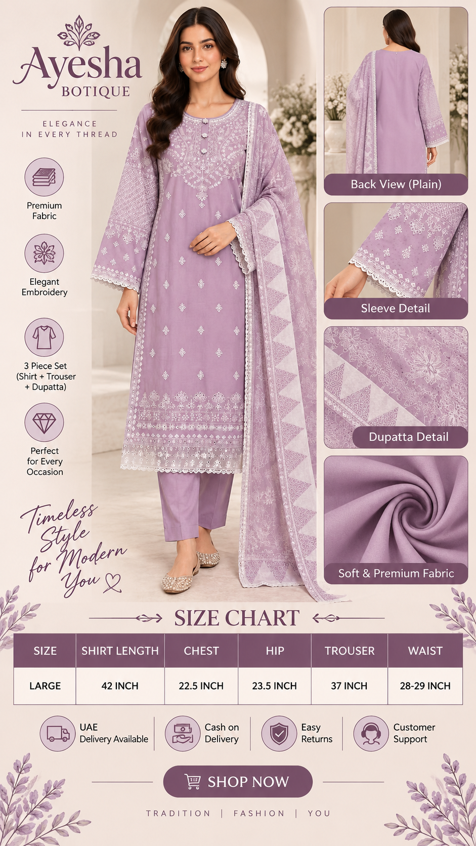 Embroidered 3-Piece Pakistani Suit with Printed Dupatta