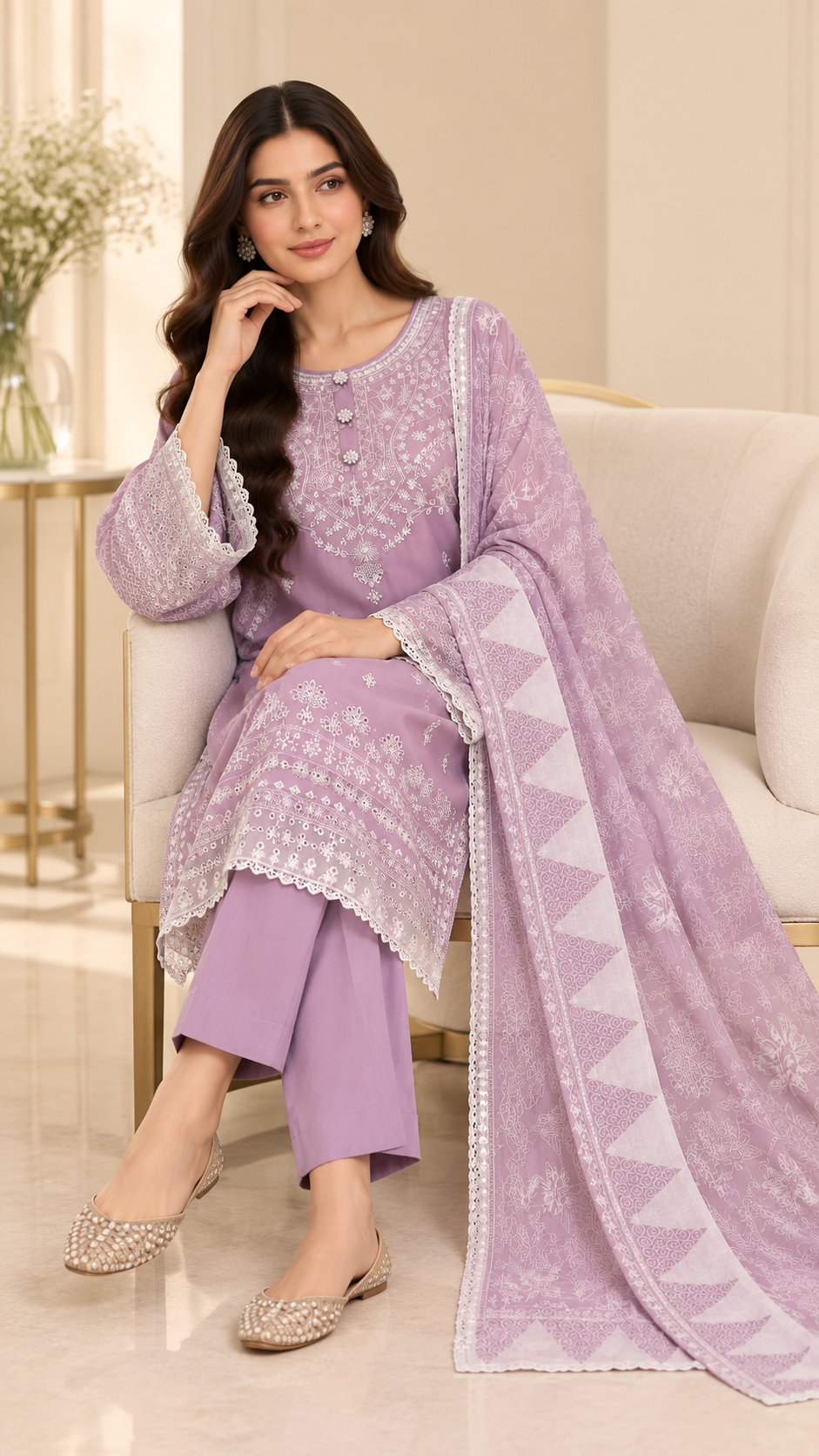 Embroidered 3-Piece Pakistani Suit with Printed Dupatta