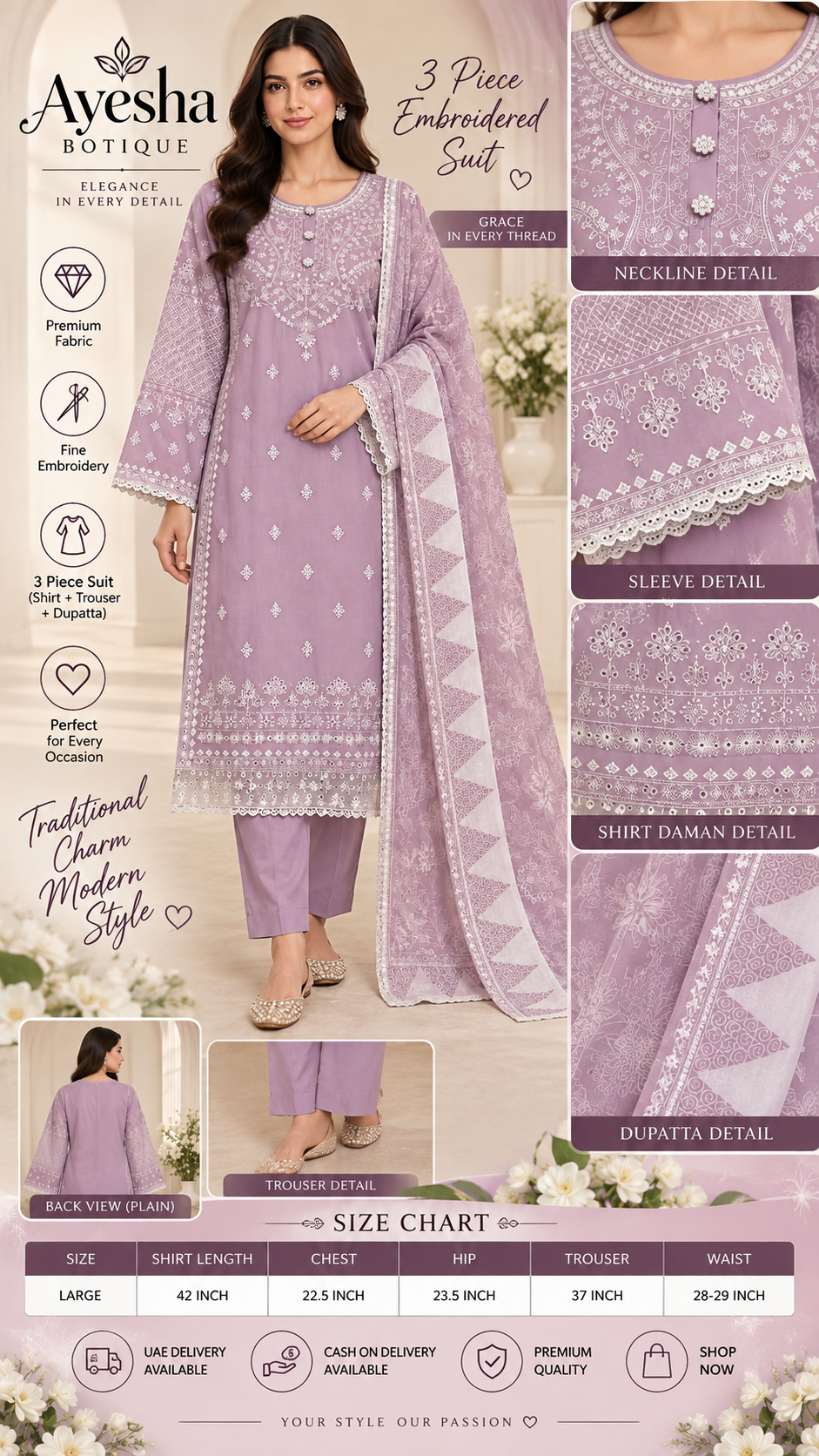 Embroidered 3-Piece Pakistani Suit with Printed Dupatta