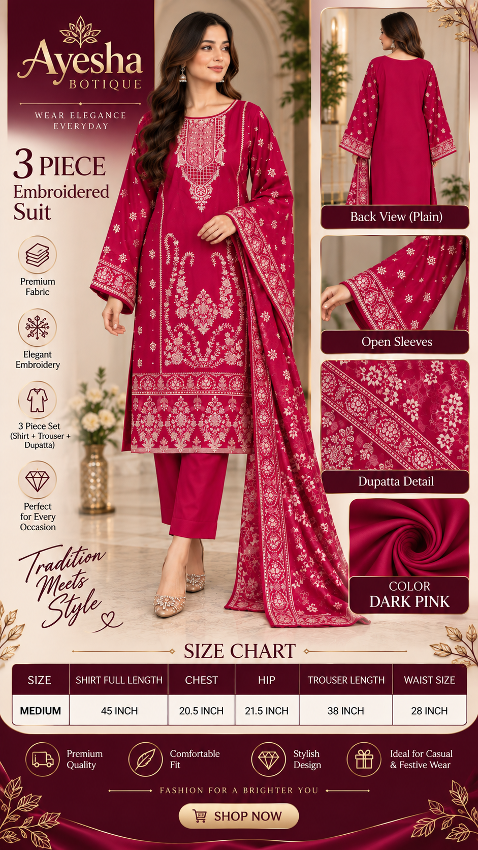 Embroidered 3-Piece Pakistani Suit with Printed Dupatta