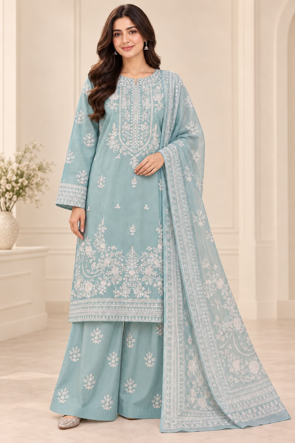 Embroidered 3-Piece Pakistani Suit with Printed Dupatta