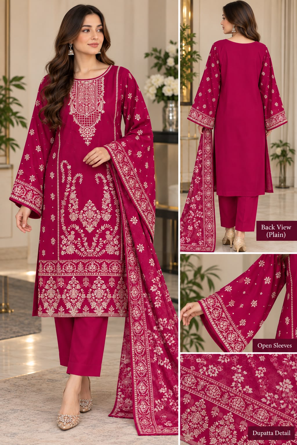 Embroidered 3-Piece Pakistani Suit with Printed Dupatta