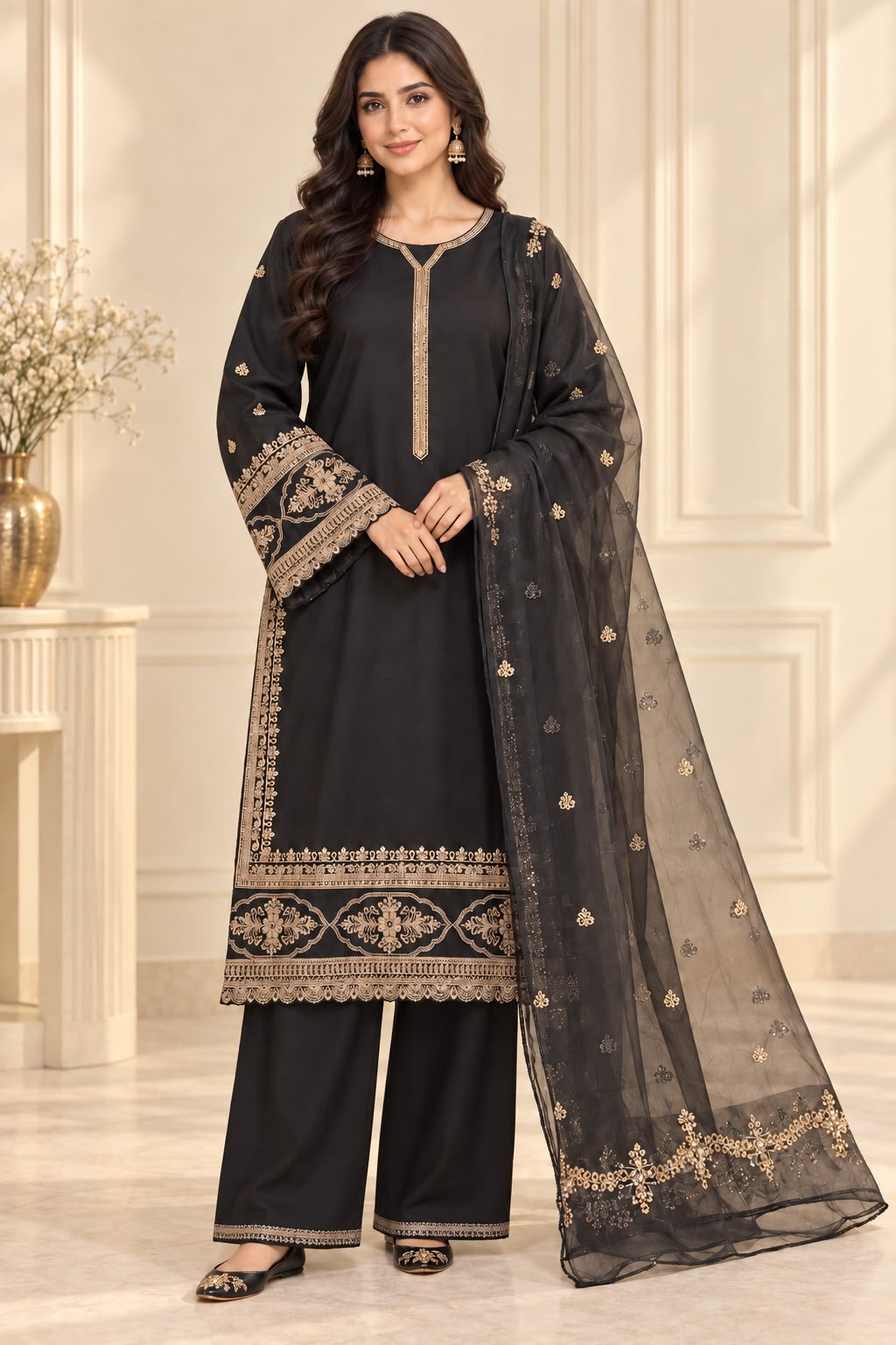 Embroidered 3-Piece Pakistani Suit with Printed Dupatta- (confirm your color from whatsapp-0559546580)